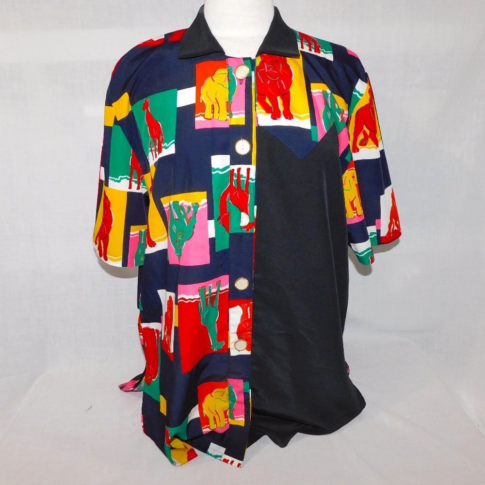 VTG Multicolor Safari Animals Print Blouse Cardinal by Savanna Funky Womens L